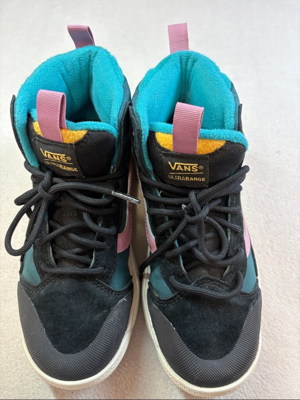 Vans UltrARange High-Top Sneakers in Black, Teal & Pink